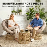 Outsunny Ensemble salon de jardin 3 pièces avec 2 fauteuils papasan pivotant et 1 tables basse ronde polyester résine tressée(m-4)