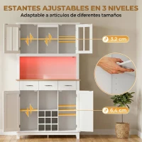 HOMCOM Alacena de Cocina con Iluminación LED Control por APP Encimera para Microondas Botellero Puertas de Vidrio Blanco(m-6)