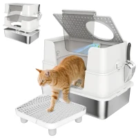 PawHut Bac à Litière XL en Acier Inoxydable pour Grand Chat, Couvercle Pivotant 100°, Pelle, 60,2x40,2x44,5cm, Gris Clair(m-11)