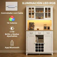 HOMCOM Alacena de Cocina con Iluminación LED Control por APP Encimera para Microondas Botellero Puertas de Vidrio Blanco(m-4)