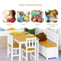 HOMCOM Mesa y Sillas Infantiles de 4 Piezas Mesa Infantil con 2 Sillas y Banco con Almacenaje Juego de Muebles para Actividades para Niños de +3 Años para Dormitorio Sala de Juegos Blanco y Natural(m-4)