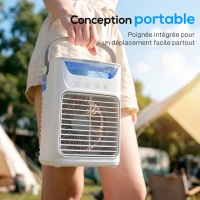 HOMCOM Climatiseur portable, mini rafraîchisseur d'air 4 en 1, 3 vitesses, 2 modes brumisation, éclairage LED RGB 7 LED, blanc(m-9)