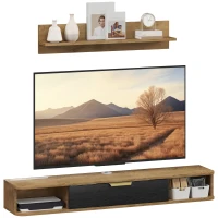 HOMCOM Conjunto de Muebles de Salón Muebles de TV con Estante de Pared Compartimentos Orificios para Cables 120x24x16 cm Roble(m-10)