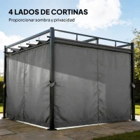 Outsunny Pérgola de Jardín 3x3 m con Techo Retráctil y Cortinas Protección UV30+ Estructura Metálica para Patio Terraza Gris(m-5)