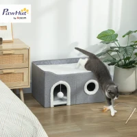 PawHut Lits d'Intérieur Pliables pour Chat, avec Griffoir, Lit Surélevé, 3 Entrées, Jouet Suspendu, 60 x 40 x 34 cm, Gris(m-10)