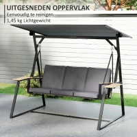 Outsunny 3-persoons tuinschommel met verstelbaar dak, kussens en drankhouders, 360 kg draagkracht, Grijs(m-9)