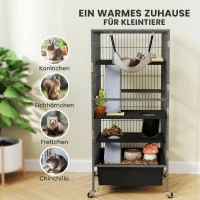 PawHut Kleintierkäfig 4-stöckiger Nagerkäfig mit herausnehmbarem Tablett Rampen Hängematte Rollen Plattformen 52x52x115 cm Grau(m-4)