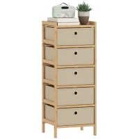 HOMCOM Cómoda con 5 Cajones de Tela Estructura de Bambú Cajonera para Espacios Pequeños Crema y Natural(m-10)