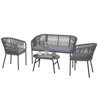Outsunny 4 Piece Garden Furniture Set, Rope Garden Sofa Set with 1 Loveseat 2 Chairs Tempered Glass Table Cushions, Dark Grey(m-11)