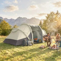 Outsunny Tente Gonflable Camping 2-4 Personnes avec Pompe 2 Chambres et Séjour Imperméable 3000mm 485x245x188cm Gris(m-10)