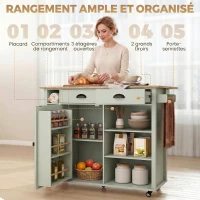 HOMCOM Îlot central cuisine avec plateau pliant, desserte de cuisine sur roulettes avec 2 tiroirs, porte-serviettes, vert(m-5)