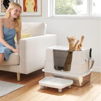 PawHut Bac à Litière XL en Acier Inoxydable pour Grand Chat, Couvercle Pivotant 100°, Pelle, 60,2x40,2x44,5cm, Gris Clair(m-10)