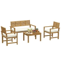 Outsunny 4 Seater Wooden Garden Furniture Set with Loveseat, Armchairs, Table, Acacia Wood Garden Sofa Set, Cream White(m-10)