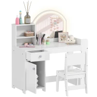 AIYAPLAY Kids Vanity Table and Chair Set, Girls Dressing Table with 2-Colour LED Mirror, Stool, Cabinet, Drawer, Shelves, White(m-10)