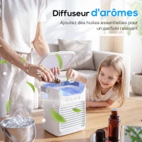 HOMCOM Climatiseur portable, mini rafraîchisseur d'air 4 en 1, 3 vitesses, 2 modes brumisation, éclairage LED RGB 7 LED, blanc(m-7)