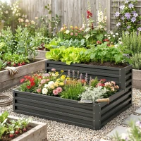 Outsunny Carré potager de jardin fond ouvert 2 étages pour herbes légumes fruits fleurs 120 x 101 x 58 cm gris foncé(m-7)