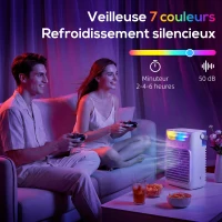 HOMCOM Climatiseur portable, mini rafraîchisseur d'air 4 en 1, 3 vitesses, 2 modes brumisation, éclairage LED RGB 7 LED, blanc(m-6)