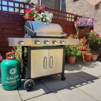 Outsunny Gas Barbecue Grill 4+1 Burner Garden Smoker BBQ Trolley w/ Side Burner Warming Rack Side Shelves Storage Cabinet Piezo Ignition Thermometer Stainless Steel + Metal(m-8)