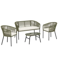 Outsunny Salon de Jardin Extérieur 4 Places Canapé 2 Places 2 Fauteuils et Table Basse Verre Trempé PP Rond Tressé Crème(m-12)