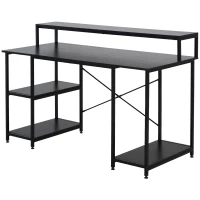 HOMCOM Mesa para Computadora Escritorio de Oficina Estudio con 3 Estantes Tabla Superior Patas con Almohadillas Ajustables Antideslizantes Marco Metálico 140x60x93 cm Negro(m-10)