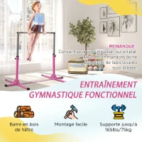 HOMCOM Barre fixe de gymnastique pour enfant, hauteur réglable 13 niveaux de 92-150 cm, en acier et bois en hêtre, barre de gym d'entrainement à domicile, antidérapant, facile à assembler, rose(m-6)