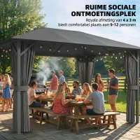 Outsunny Tuinpaviljoen ca. 4x3m waterafstotend stabiel winterbestendig met muskietennet, 4 zijwanden, ventilatie en afvoergaten(m-8)