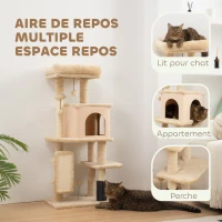 PawHut Arbre à Chat, Tour de Jeux, Hauteur de 104 cm, avec Lit, Maison, Brosse de Toilettage, 44l x 34P x 104H cm, Beige(m-4)