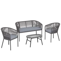 Outsunny 4 Piece Garden Furniture Set, Rope Garden Sofa Set with 1 Loveseat 2 Chairs Tempered Glass Table Cushions, Dark Grey(m-1)