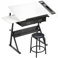 HOMCOM Höhenverstellbarer Zeichentisch, Arbeitstisch mit Hocker und Schubladen, Weiß