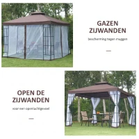 Outsunny Partytent in de tuin partytent paviljoen tuintent feesttent dubbel dak 3 x 3 m bruin(m-6)
