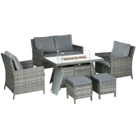 Outsunny 6 Seater Rattan Garden Furniture Set, Gas Fire Pit Table, Wicker Loveseat, 2 Armchairs and 2 Footstools, 6 Piece Patio Rattan furniture Sofa Sets with Cushions for Conservatory, Grey(m-1)