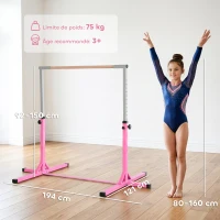 HOMCOM Barre fixe de gymnastique pour enfant, hauteur réglable 13 niveaux de 92-150 cm, en acier et bois en hêtre, barre de gym d'entrainement à domicile, antidérapant, facile à assembler, rose(m-4)