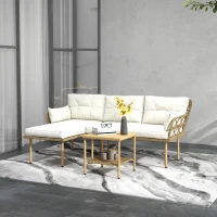 Outsunny Set da Giardino 3pz con Chaise Longue, Divanetto, Cuscini e Tavolino, in Rattan e Acciaio, Bianco Crema e Legno(m-2)