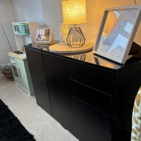 HOMCOM High Gloss Side Cabinet, Push-Open Design with 2 Drawers and 2 Cabinets for Living Room, 74H x 117W x 36Dcm, Black(m-13)