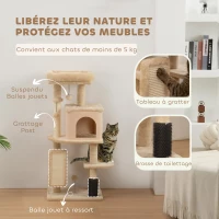 PawHut Arbre à Chat, Tour de Jeux, Hauteur de 104 cm, avec Lit, Maison, Brosse de Toilettage, 44l x 34P x 104H cm, Beige(m-5)