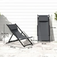 Outsunny Lot de 2 bain de soleil, chaise longue pliante avec appuie-tête en textilène inclinable 60 x 100 x 85 cm gris foncé(m-3)