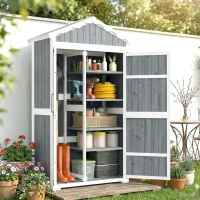 Outsunny Armário de Jardim de Madeira 105x55x179 cm Abrigo de Exterior com Portas 4 Prateleiras Extraíveis Teto Metal Galvanizado Cinza(m-10)