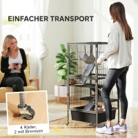 PawHut Kleintierkäfig 4-stöckiger Nagerkäfig mit herausnehmbarem Tablett Rampen Hängematte Rollen Plattformen 52x52x115 cm Grau(m-7)