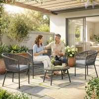 Outsunny 4 Piece Garden Furniture Set, Rope Garden Sofa Set with 1 Loveseat 2 Chairs Tempered Glass Table Cushions, Dark Grey(m-9)