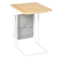 HOMCOM Table Basse Table d'appoint guéridon Bout de canapé 2 Pochettes de Rangement Tissu Gris châssis métal Blanc Plateau Aspect Bois Clair(m-1)
