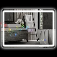 HOMCOM Miroir salle de bain Bluetooth avec éclairage LED 50 x 70 cm, miroir lumineux mural avec horloge, antibuée, argenté(m-1)