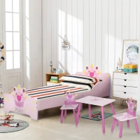HOMCOM Lit Enfant et Ensemble table et chaises enfant - Design Princesse Motif Couronne - sommier à Lattes Inclus - Rose(m-10)