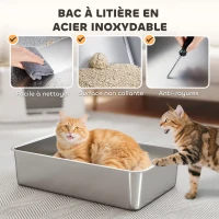 PawHut Bac à Litière XL en Acier Inoxydable pour Grand Chat, Couvercle Pivotant 100°, Pelle, 60,2x40,2x44,5cm, Gris Clair(m-4)