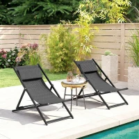 Outsunny Lot de 2 bain de soleil, chaise longue pliante avec appuie-tête en textilène inclinable 60 x 100 x 85 cm gris foncé(m-10)