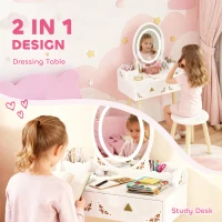 AIYAPLAY Kids Vanity Table and Chair Set with 3-Colour LED Lights Mirror, Drawer, Storage Boxes, for 3+ Years, White(m-5)