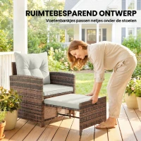Outsunny Rattan Tuinmeubelset 5-delig Balkonmeubelset met 2 Stoelen, Kussens, Voetenbankjes, Tafel, Opbergruimte Crème(m-4)