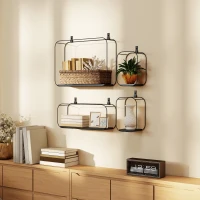 HOMCOM Lot de 4 étagères murales industrielles, étagères flottantes géométriques en métal, pour salon, chambre et bureau, noir(m-10)