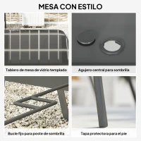 Outsunny Juego de Mesa y 6 Sillas para Terraza con Orificio para Sombrilla y Encimera de Cristal para Terraza Patio Gris(m-4)