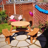 Outsunny Wooden Garden Dining Set, 6 Seater Round Dining Picnic Table with Matching Bench, Garden Furniture Set with Parasol Hole for Outdoor Patio Party and Family Gatherings, Brownish Red(m-8)