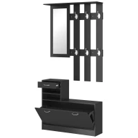 HOMCOM Ensembles 3 en 1 de meuble d'entrée vestiaire avec panneau porte-manteau, miroir et banc à chaussures - 6 crochets et étagère réglable, noir(m-11)